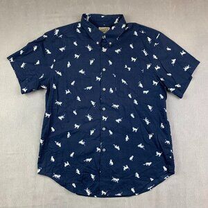 Naked & Famous Mens Shirt XL Navy Blue Hand Drawn Cats Button Up Short Sleeve